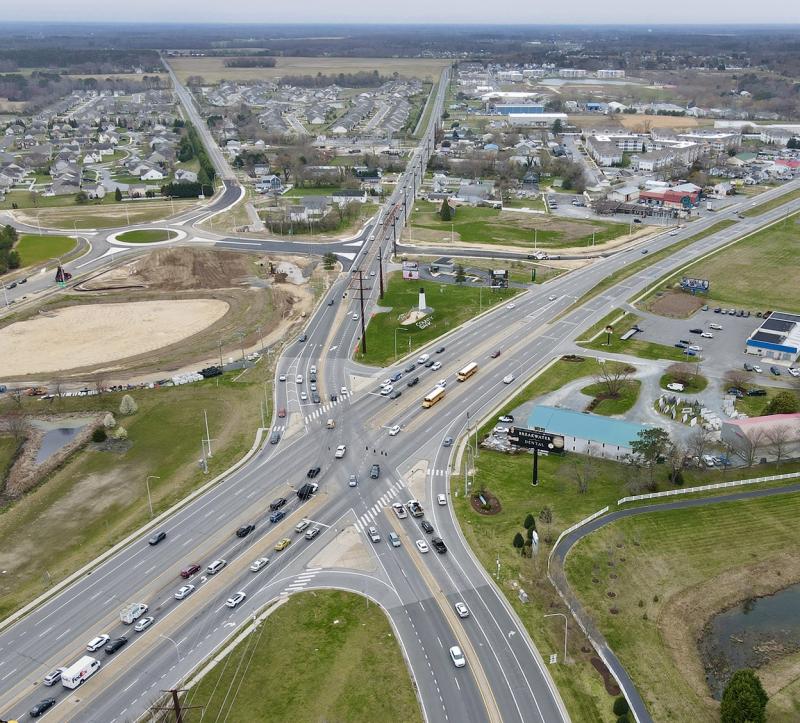 The Five Points intersection will be the only signalized Route 1 intersection from Dover south once all grade-separated interchanges are complete along the corridor. DelDOT is currently undergoing a major improvement project along Plantation Road, which includes a roundabout (top left) at the Plantation Road-Beaver Dam Road-Route 9 intersection. NICK ROTH PHOTO.
